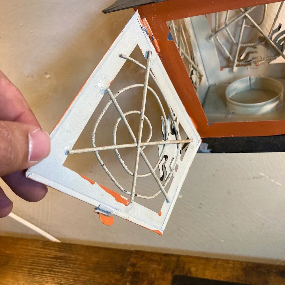 Halloween Hand Painted Metal Spiderweb Lantern Orange Black Tea Light Holder